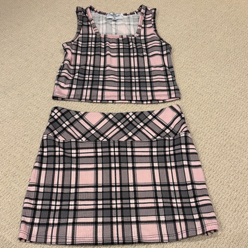 SLS Apparel Pink and Black Plaid Tank Top and Skirt Set